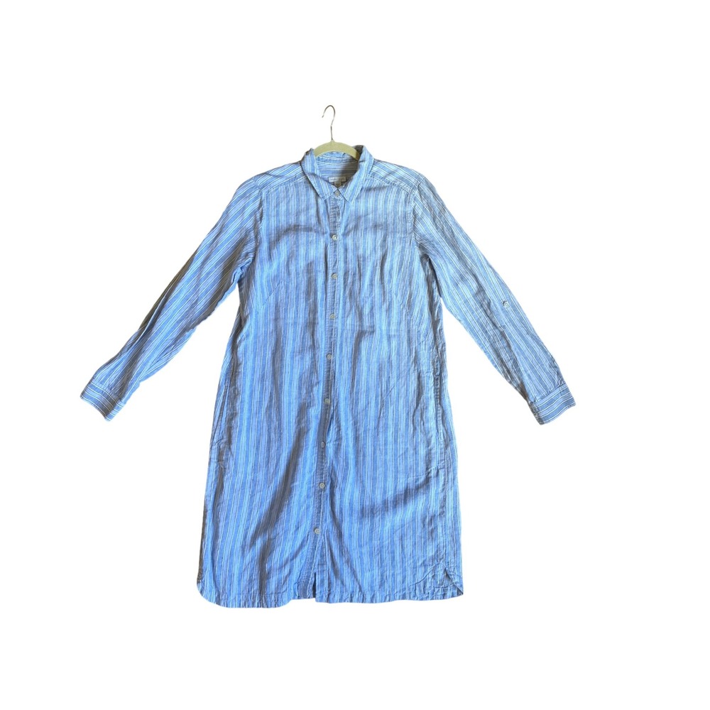 J. Jill Love Linen Blue White Striped Long Sleeve Button Front Shirt Dress M
